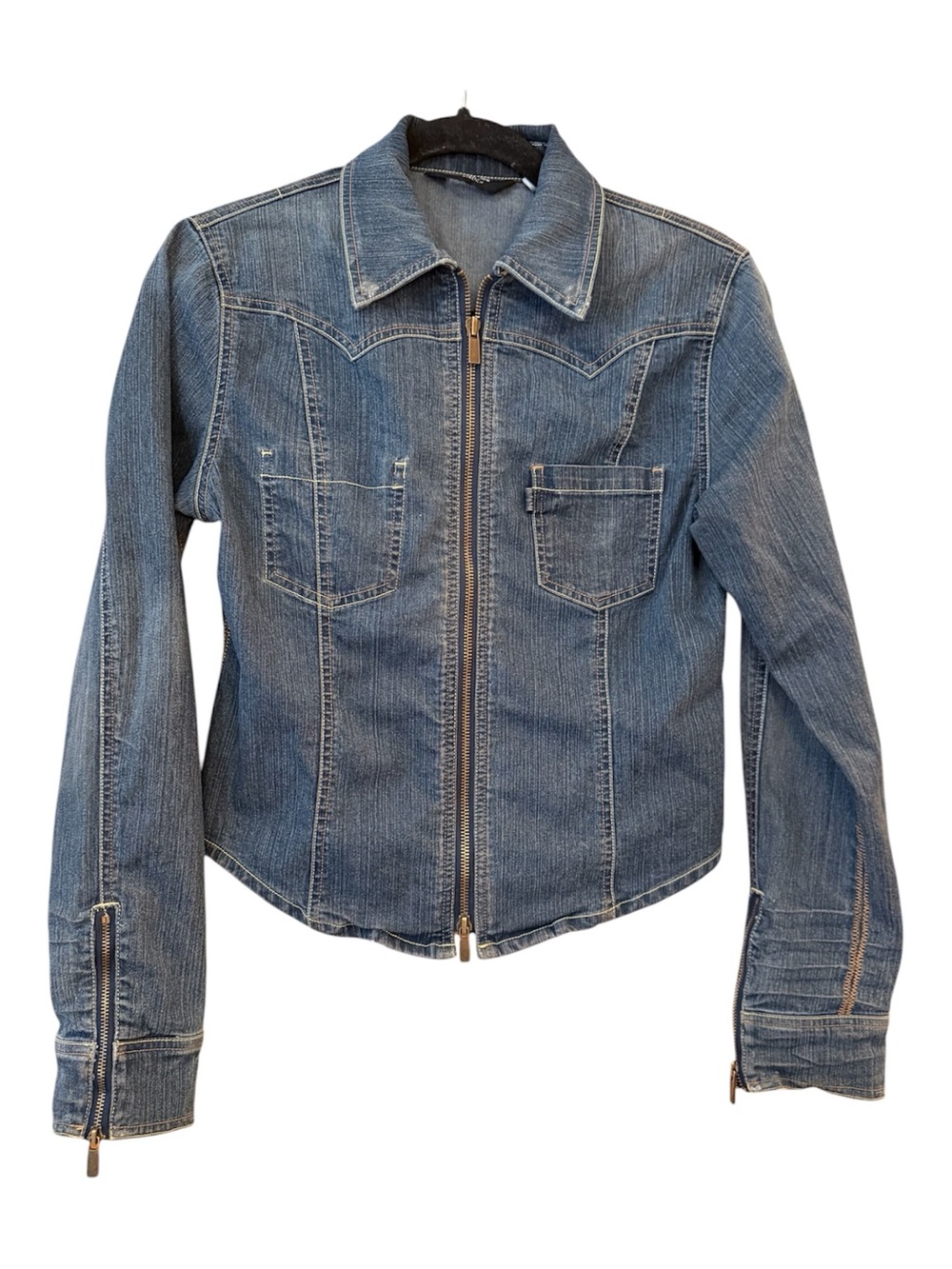 Express Moto Jacket Zip Front Two Tone Stitch Crinkle Blue M